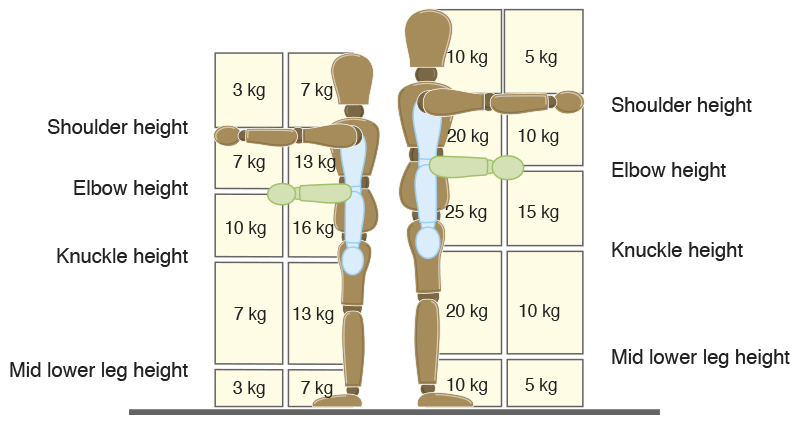 A graphic indicates the weight limit for manual handling depending on where the load is in realtion to the body.