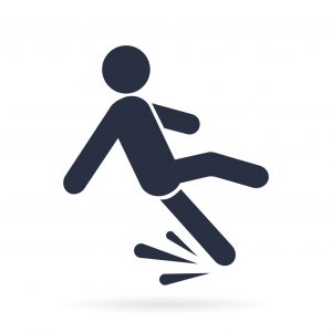 A cartoon depiction of someone slipping on a wet floor