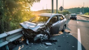 The sun is setting behind a car that has crashed into a road guard, destroying the front end.