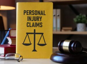 The Words Personal Injury Claims On A Yellow Book That Sits Next To A Gavel. 