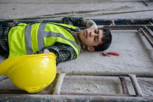 Man Lying On Concrete Next To A Hard Hat With Blood From His Head. 