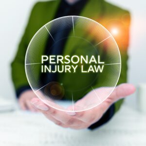 Man in a green blazer holding his hand out, with the words 'personal injury law' in a circle above his hand.
