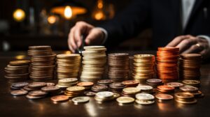 Stacks of coins representing a payout for a successful work injury post traumatic stress disorder claim.