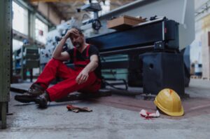 INJURED FACTORY WORKER SEATED BY MACHINERY AND CONSIDERING ACCIDENT AT WORK CLAIM