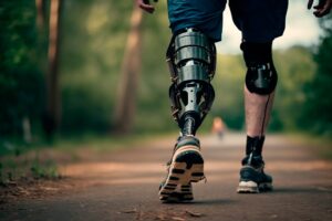 Someone walking down a street with a prosthetic leg