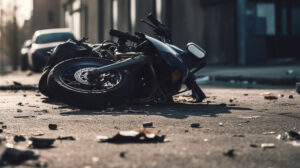 Debris from a broken motorcycle surround the scene of a crash.