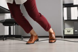PERSON TRIPPING ON TRAILING COMPUTER CABLES IN AN OFFICE