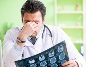 A doctor in a white lab coat examining his patient's scans after serious clinical negligence caused their cancer to be missed
