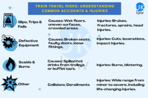 An infographic titled "TRAIN TRAVEL RISKS: UNDERSTANDING COMMON ACCIDENTS & INJURIES" is designed to inform potential claimants and features a train accident lawyer. It shows four categories of incidents: "Slips, Trips & Falls" with causes like wet floors and crowded areas, and injuries like fractures; "Defective Equipment" with causes like broken seats and injuries like cuts; "Scalds & Burns" from spilled hot drinks; and "Other" covering collisions/derailments with a wide range of injuries. The UK Law logo is present.