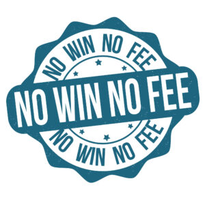 A blue 'NO WIN NO FEE' stamp on a plain white background.