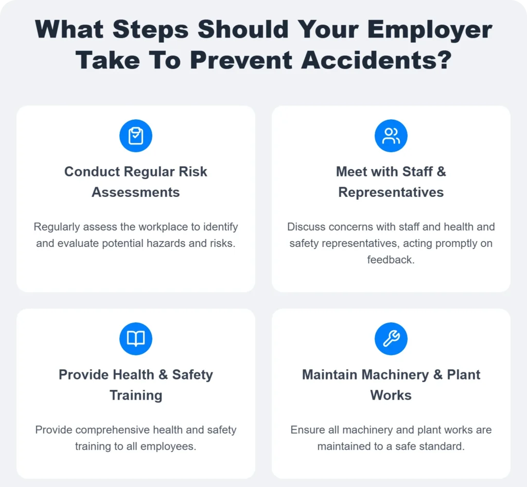 Infographic detailing an employer's steps to prevent accidents, relevant for making an eye injury claim, covering risk assessments, staff meetings, health and safety training, and machinery maintenance.