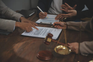 A panel of medical negligence solicitors sat on a desk with a gavel and document talking about retained placenta compensation claims. 