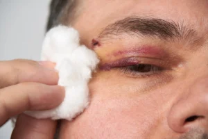 A man with a bruised eye holding cotton wool to his face after suffering a broken cheekbone injury