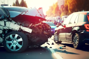 An image shows a car seriously damaged in a crash. 